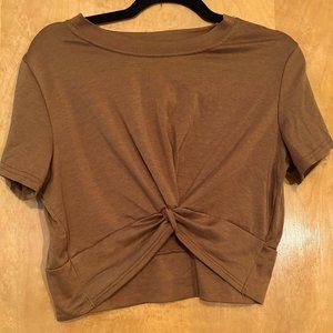 Zaful Small Camel Tie Front Crop Top T-Shirt